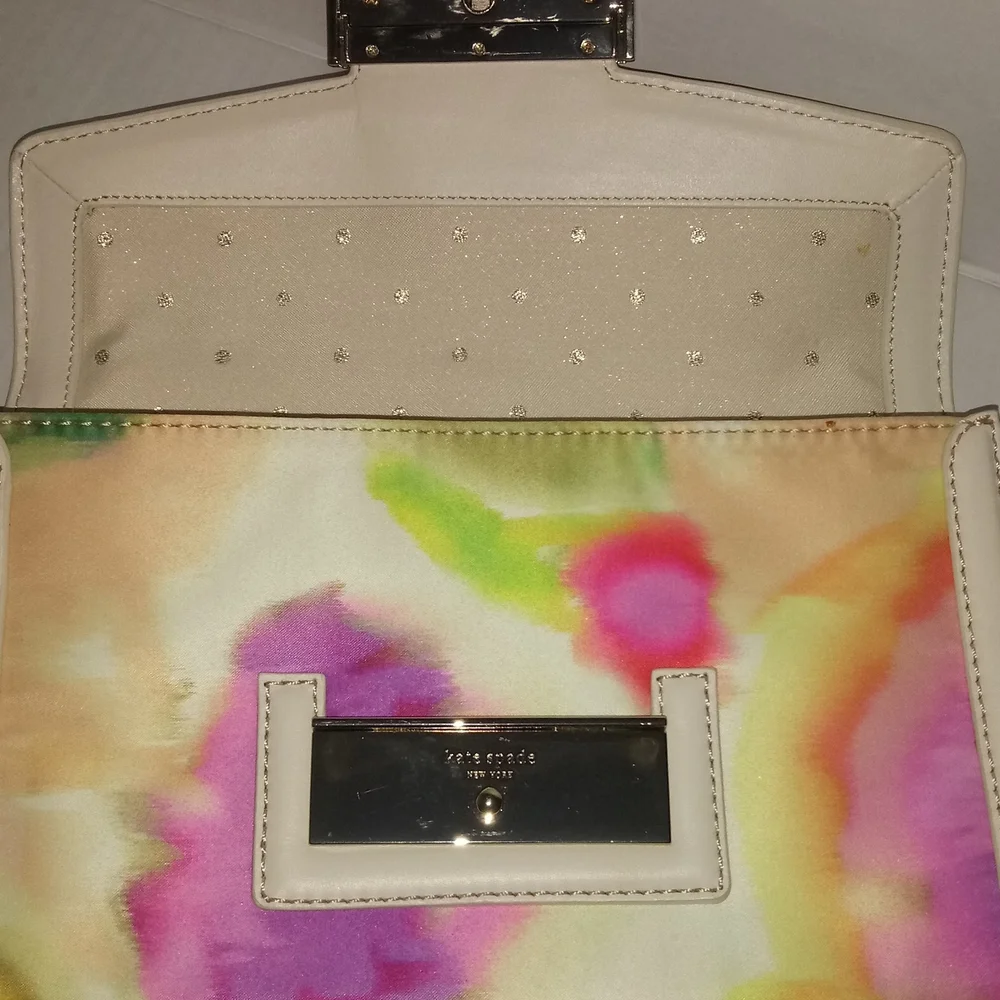 KATE SPADE MULTI COLOR SATIN CLUTCH WITH LEATHER TRIM - Picture 8 of 13
